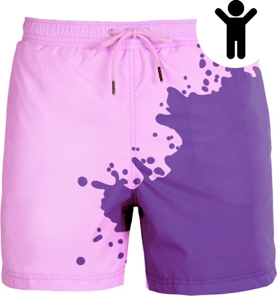 Paarse en roze zwembroek met verfspetters en roze veter.