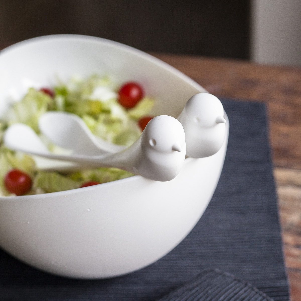 Qualy - Slabak Met Vogeltjes Bestek - Sparrow Salad Bowl & cutlery - Wit - Qualy / New Arriva Co.,Ltd.