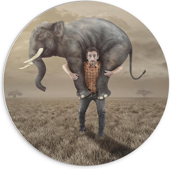 Forex Wandcirkel - Olifant gedraagt door Man - 70x70cm Foto op Wandcirkel (met ophangsysteem)