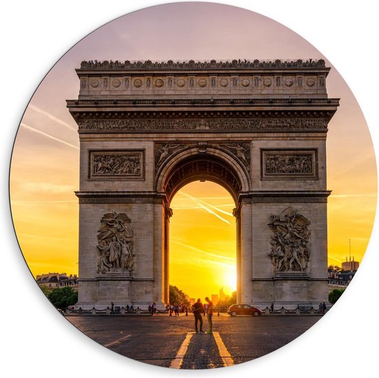 Dibond Wandcirkel - Arc de Triomphe in Parijs met Zonsondergang - 80x80cm Foto op Aluminium Wandcirkel (met ophangsysteem)