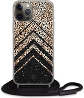 iPhone 12 Pro hoesje met koord - Chevron luipaard | Apple iPhone 12 Pro crossbody case | Zwart, Transparant | Luipaardprint