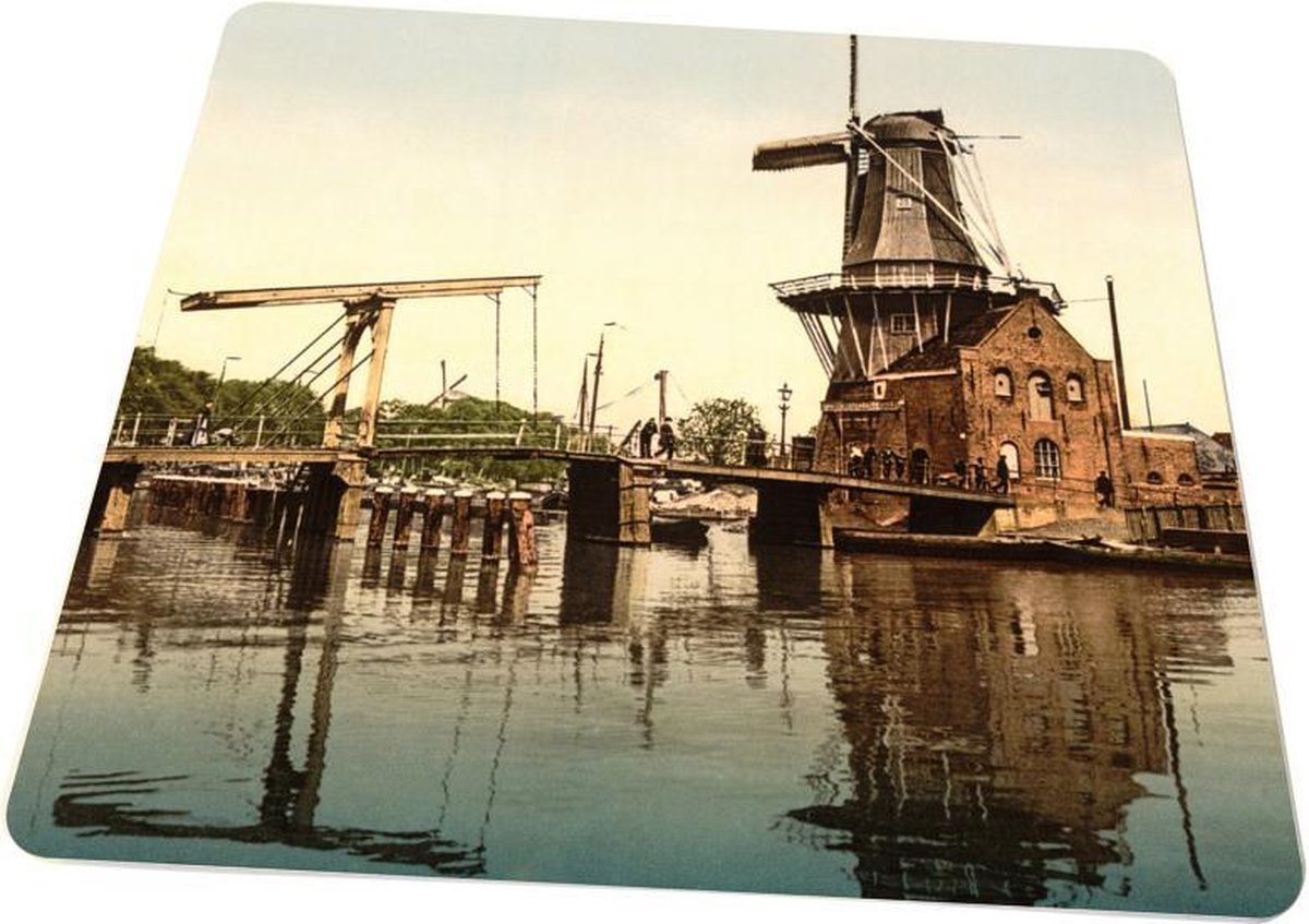 Oud Stadsgezicht Haarlem - Molen De Adriaan en Brug - Oude Foto Print op Muismat 22x20cm
