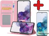 Hoesje Geschikt voor Samsung S20 Hoesje Book Case Hoes Portemonnee Cover Walletcase Met Screenprotector - Hoes Geschikt voor Samsung Galaxy S20 Hoes Bookcase Hoesje - Lichtroze