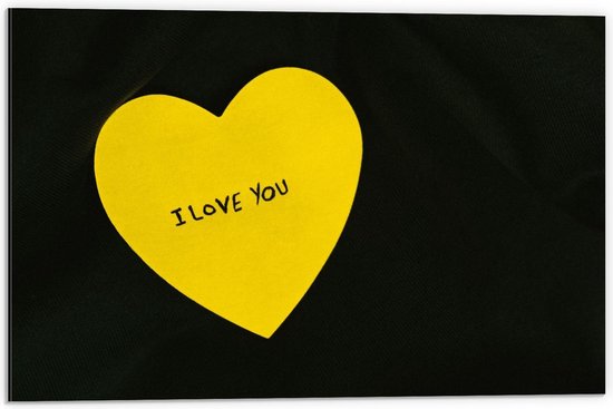 Dibond - ''I Love You'' Geel Hart op Zwarte Achtergrond - 60x40cm Foto op Aluminium (Met Ophangsysteem)