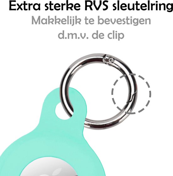 Turquoise hoesje met RVS sleutelring. Tekst: "Extra sterke RVS sleutelring Makkelijk te bevestigen d.m.v. de clip".