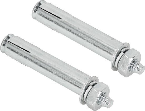 Twee metalen plugbouten met moeren, voor bevestiging.