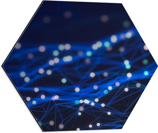 Dibond Hexagon - Blauwe Neonlijnen met Stippen - 50x43.5 cm Foto op Hexagon (Met Ophangsysteem)