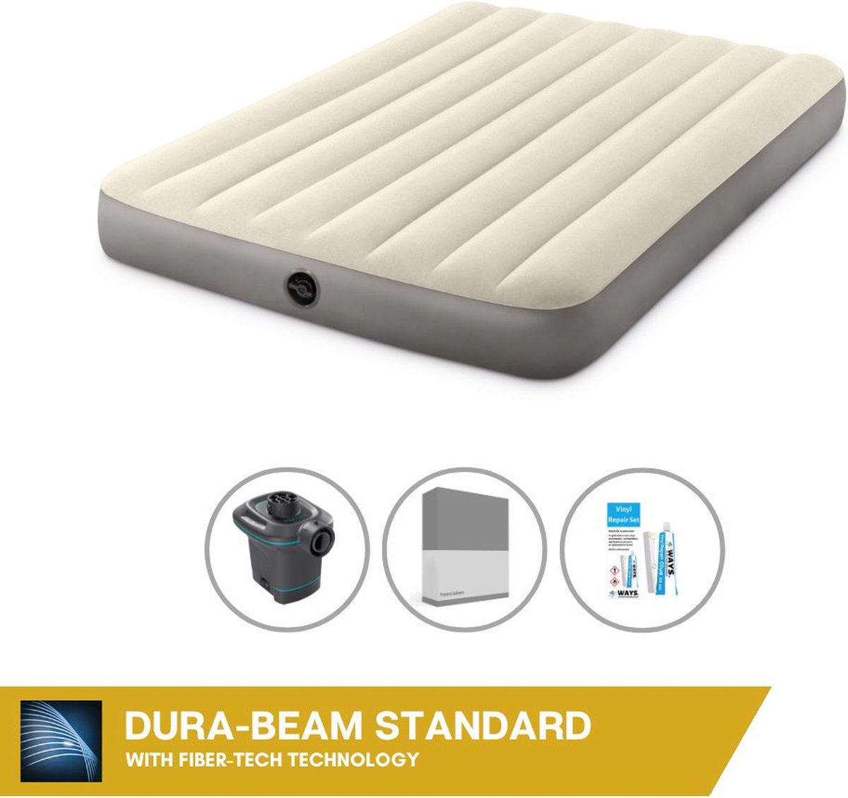 Intex Luchtbedset - Twijfelaar - 137 x 191 x 25 cm - Beige + Intex Elektrische Pomp - 650 Liter/min + Hoeslaken Antraciet + Reparatieset