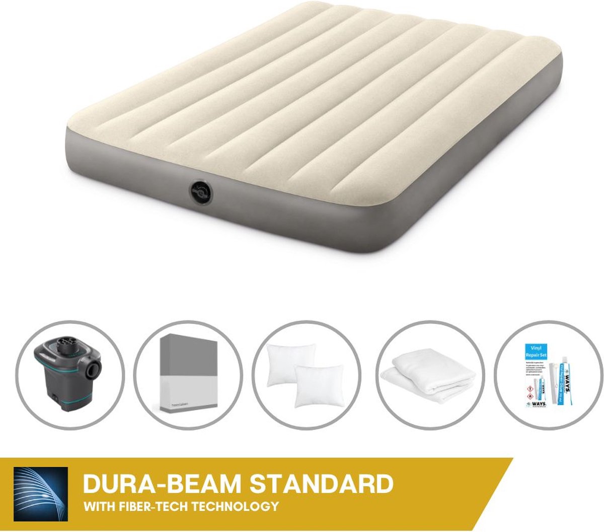 Intex Luchtbedset - Twijfelaar - 137 x 191 x 25 cm - Beige + Intex Elektrische Pomp - 650 Liter/min + Hoeslaken Antraciet + Kussen + Molton 2 in 1 Kussenslopen + Reparatieset