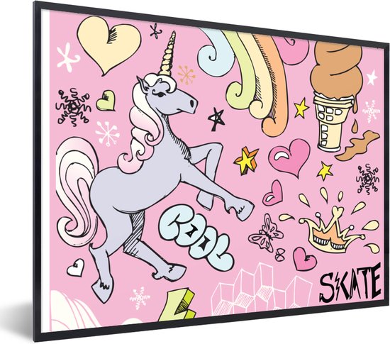 Poster in fotolijst kind - Meisjes - Design - Unicorn - Regenboog - Roze - Wanddecoratie meisjes - Poster eenhoorn - 80x60 cm - Decoratie voor kinderkamers