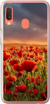 Geschikt voor Samsung Galaxy A20e hoesje - Zonsondergang bij een veld vol Klaprozen - Siliconen Telefoonhoesje
