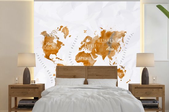 Behang - Fotobehang Kaart - Goud - Wereld - Breedte 350 cm x hoogte 350 cm