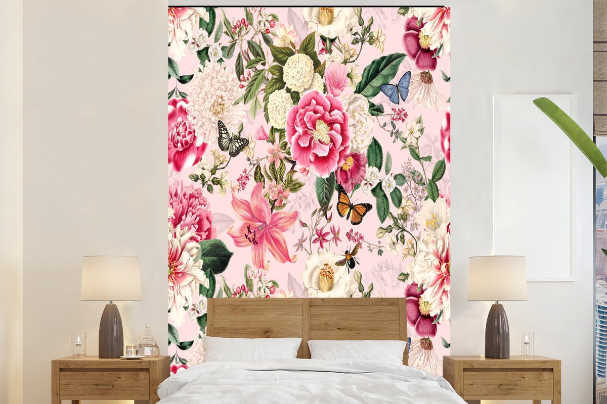 Behang - Fotobehang Bloemen - Vlinders - Hortensia - Breedte 160 cm x hoogte 240 cm
