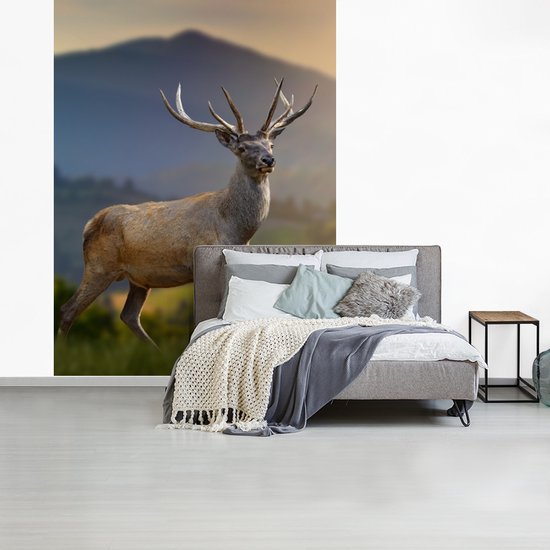 Behang - Fotobehang Hert - Berg - Gras - Zonsondergang - Dieren - Natuur - Breedte 165 cm x hoogte 220 cm