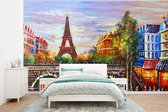Behang - Fotobehang Schilderij - Olieverf - Eiffeltoren - Parijs - Water - Breedte 295 cm x hoogte 220 cm