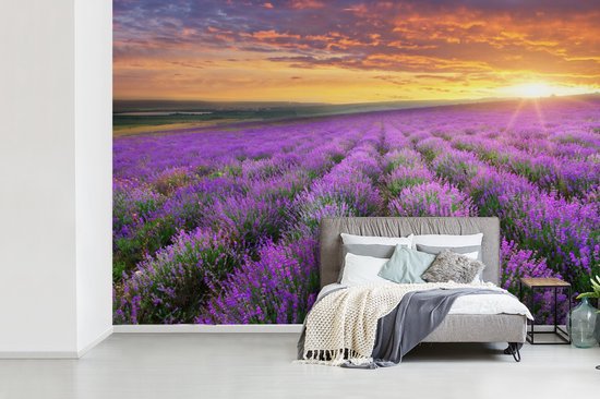 Behang - Fotobehang Lavendel - Wolken - Lente - Breedte 450 cm x hoogte 300 cm