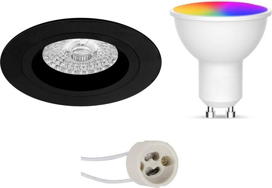 LED Spot Set GU10 - Facto - Smart LED - Wifi LED - Slimme LED - 5W - RGB+CCT - Aanpasbare Kleur - Dimbaar - Afstandsbediening - Pragmi Rodos Pro - Inbouw Rond - Mat Zwart - Ø93mm