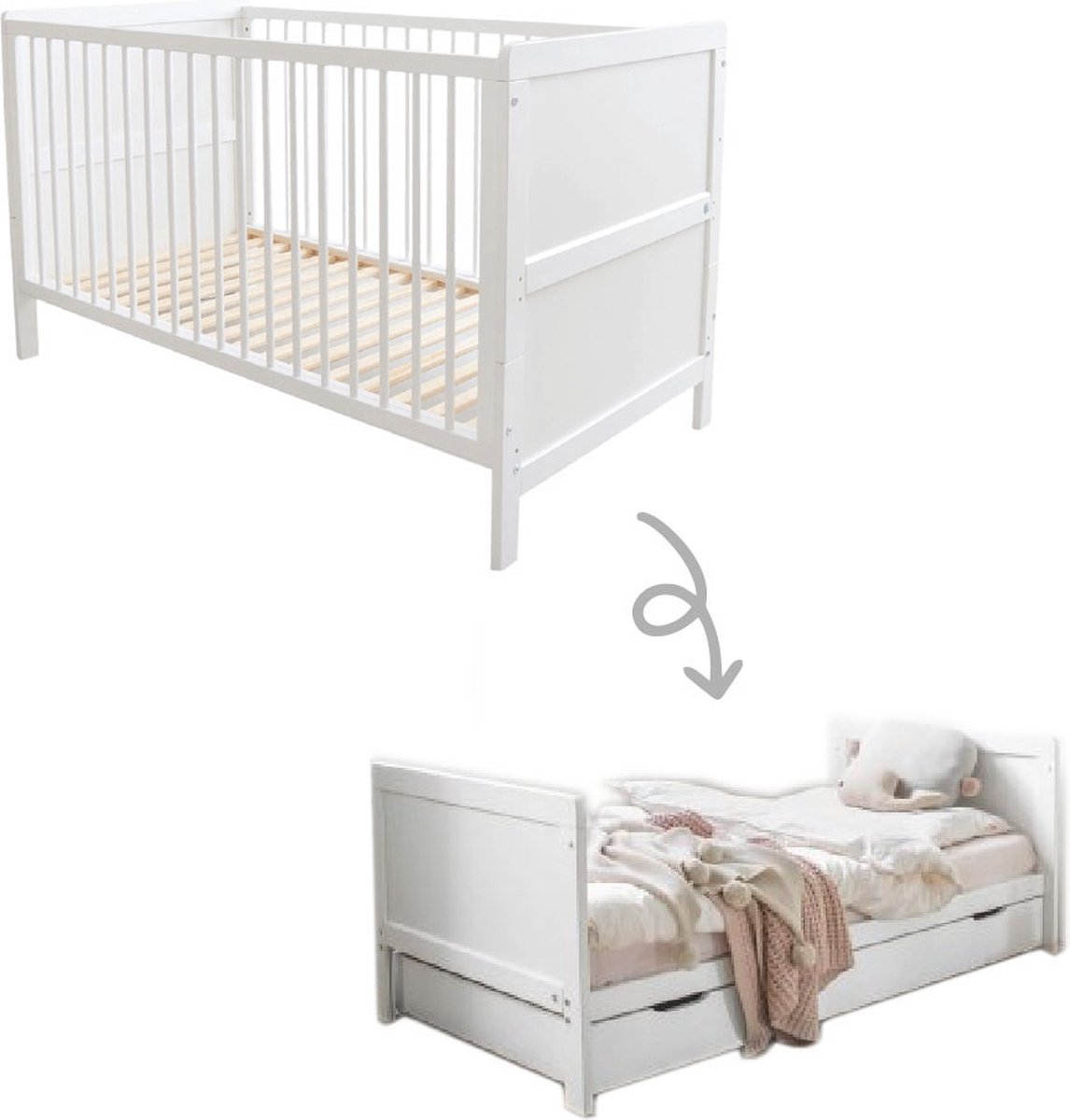 Petite Amélie Meegroeibed Wit 140x70 cm – Babybed 3-in-1 – Van Ledikant tot Peuterbed