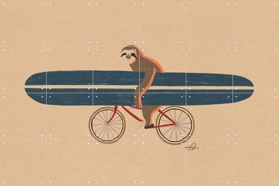 IXXI Sloth on Bike with Surfboard - Wanddecoratie - Vintage - 120 x 80 cm