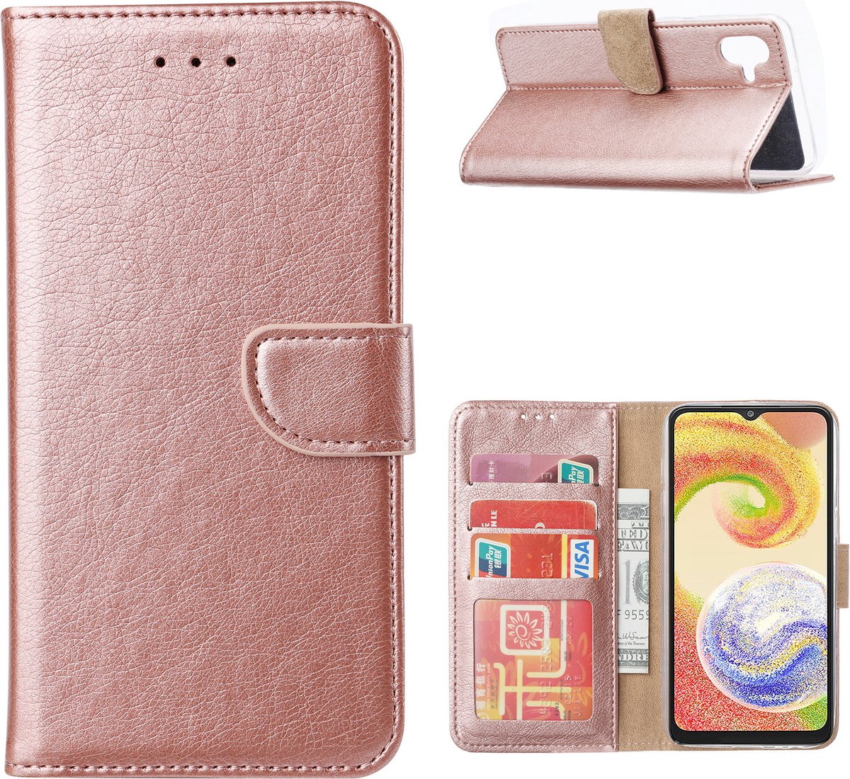 Hoesje Geschikt Voor Samsung Galaxy A04 Hoesje met Pasjeshouder – Bookcase Rosegoud