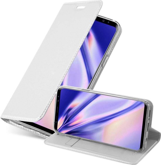Étui portefeuille blanc pour téléphone, entrouvert avec écran.