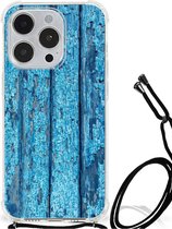 Shockproof Case Geschikt voor iPhone 14 Pro Telefoonhoesje met doorzichtige rand Wood Blue
