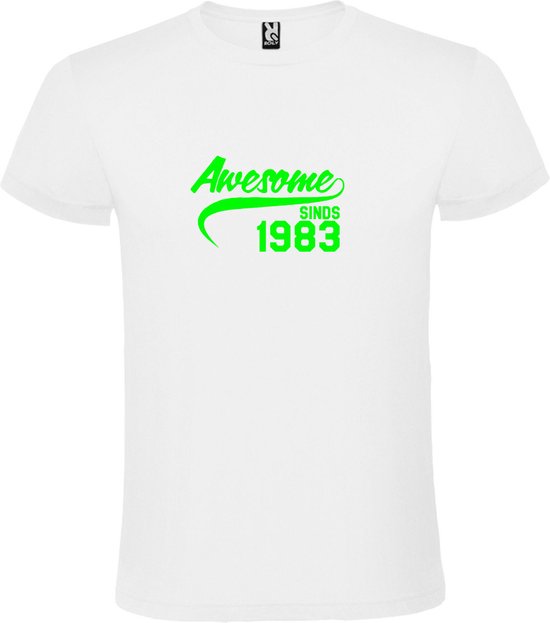 Wit T-Shirt met “Awesome sinds 1983 “ Afbeelding Neon Groen Size XS