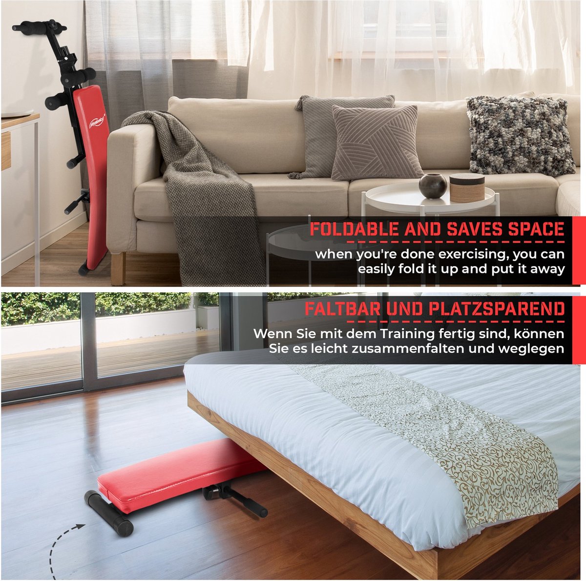 Physionics® Sit Up Bank met beenfixatie, inklapbaar, incl. 2 halters en 2 touwen, 5-voudig verstelbaar, staal - buiktrainer, trainingsbank, rugtrainer, fitness workout bank voor buiktraining