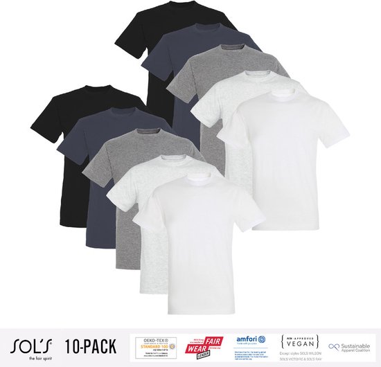 10 Pack Sol's Heren T-Shirt 100% biologisch katoen Ronde hals Zwart, Donker Grijs, Grijs / Lichtgrijs gemeleerd, wit Maat L