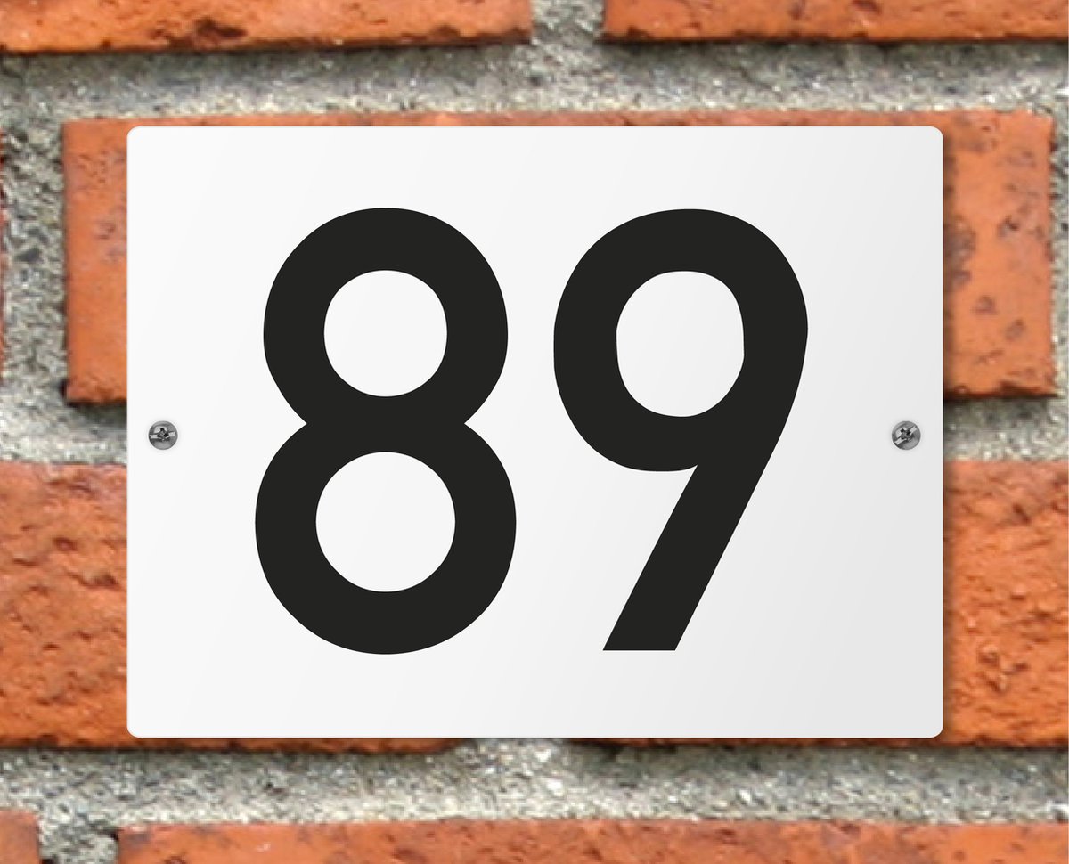 Huisnummerbord wit - Nummer 89 - standaard - 16 x 12 cm - schroeven - naambord - nummerbord - voordeur