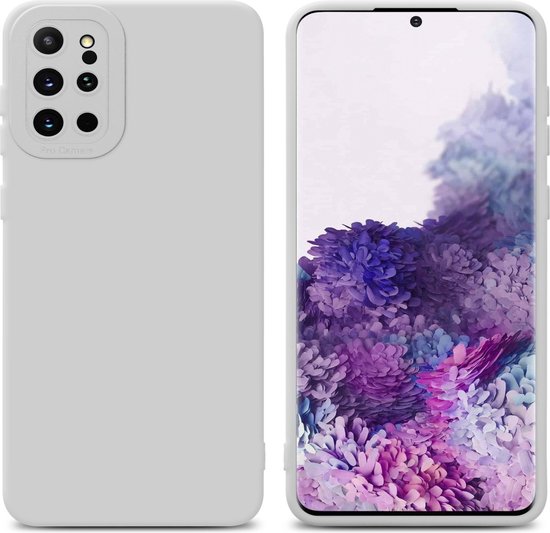 Coque de téléphone blanche avec découpe pour appareil photo, à côté d'un téléphone avec écran de fleurs violettes.