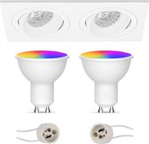 LED Spot Set GU10 - Oficto - Smart LED - Wifi LED - Slimme LED - 5W - RGB+CCT - Aanpasbare Kleur - Dimbaar - Afstandsbediening - Proma Borny Pro - Inbouw Rechthoek Dubbel - Mat Wit - Kantelbaar - 175x92mm