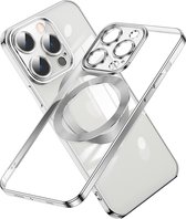 Hoesje Geschikt voor iPhone 14 Pro Max – Met Magnetisch Ring Magesafe compatibel backcover – Lens beschermer – Transparant / Zilver