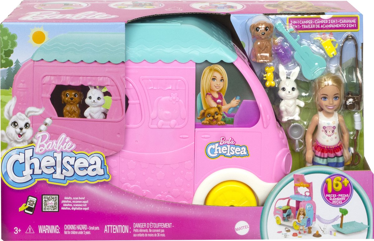 Barbie Chelsea - Camper met hondje en konijn - Speelfigurenset