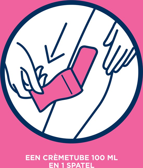 Illustratie van handen die een spatel met crème aanbrengen op een been. Tekst: 'Een crème tube 100 ml en 1 spatel'.