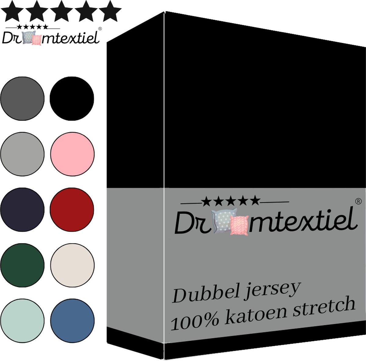 Droomtextiel Dubbel Jersey Hoeslaken Zwart Lits-Jumeaux 180x220 cm 100% Katoen - Hoge Hoek - Heerlijk Zacht - Strijkvrij - Rondom elastiek - Stretch - Dubbel Dikke Kwaliteit