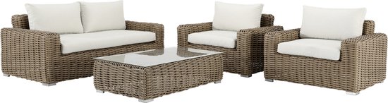 NATERIAL - Polyrattan tuinmeubelset AYAMO - tuinlounge met kussens - 4 personen 1 tuinbank 2 zitplaatsen - 2 tuinfauteuils - 1 salontafel 70x33x120 cm - polyrattan - taupe beige - tuinzitgroep