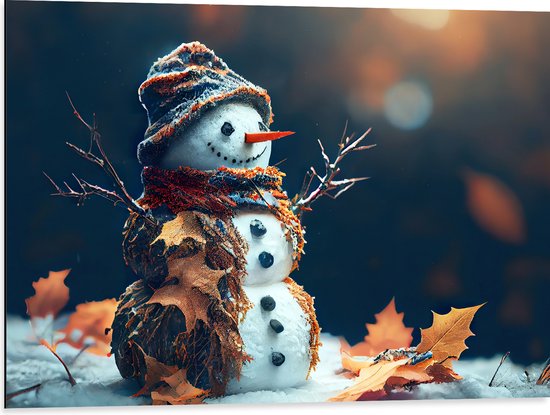 Dibond - Sneeuwpop met Takken Armen tussen de Herfstbladeren - 80x60 cm Foto op Aluminium (Met Ophangsysteem)