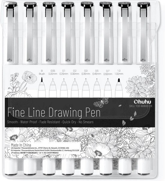 Ohuhu - Stylo à dessin Fineliner noir - lot de 8