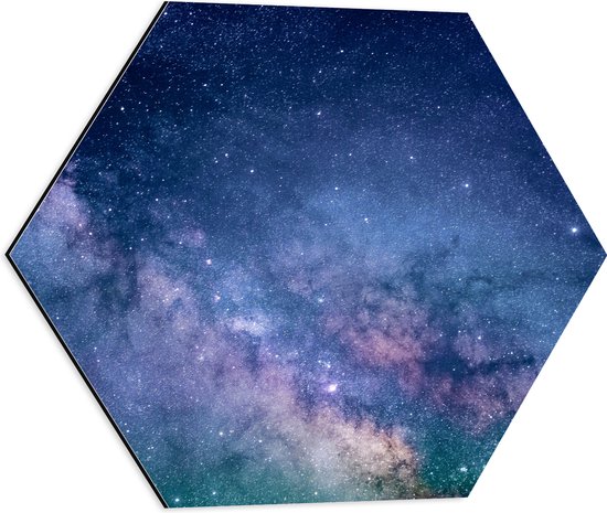 WallClassics - Dibond Hexagon - Blauw met Paarse Hemel met Sterren - 50x43.5 cm Foto op Hexagon (Met Ophangsysteem)