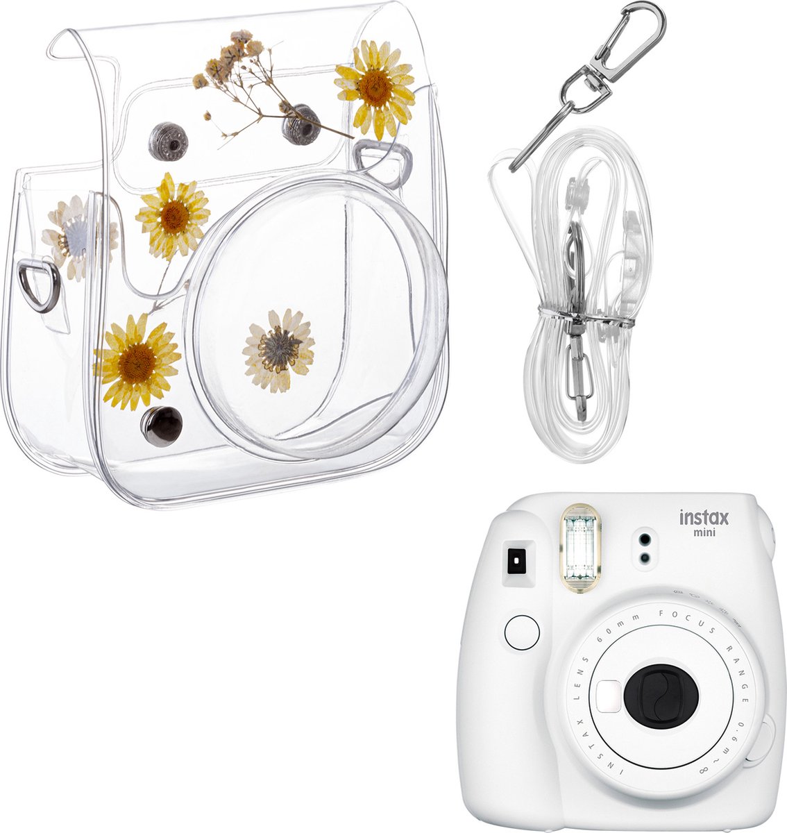 kwmobile Camera tasje van PVC - Compatibel met Instax Mini 11 / Mini 40 / Mini 8 / 9 - Beschermende camerahoes met schouderriem - Doorschijnende case voor camera - Margrietjes design