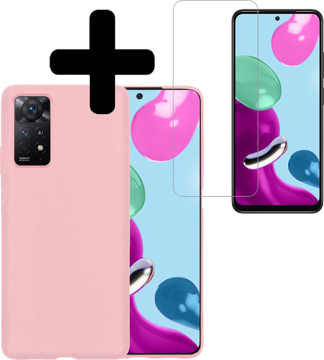 Hoesje - Met Screenprotector - Geschikt voor Xiaomi Redmi Note 11 - Sterk & Shockproof - Back Cover - Siliconen Case - Telefoon Hoes - Telefoonhoesjes - Lichtroze
