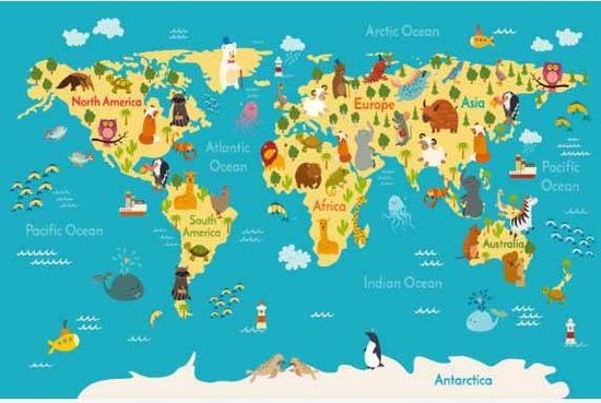 zegen Wereldwijd belofte Wereldkaart continenten en zeeën Poster 150x100 cm | bol.com