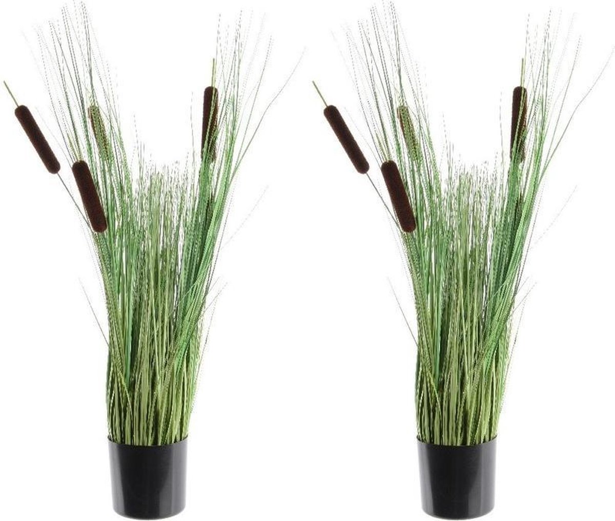 2x Groene grote Lisdodde grasplanten kunstplanten met sigaren 80 cm in zwarte pot - Kunstplanten/nepplanten - Grasplanten - Shoppartners