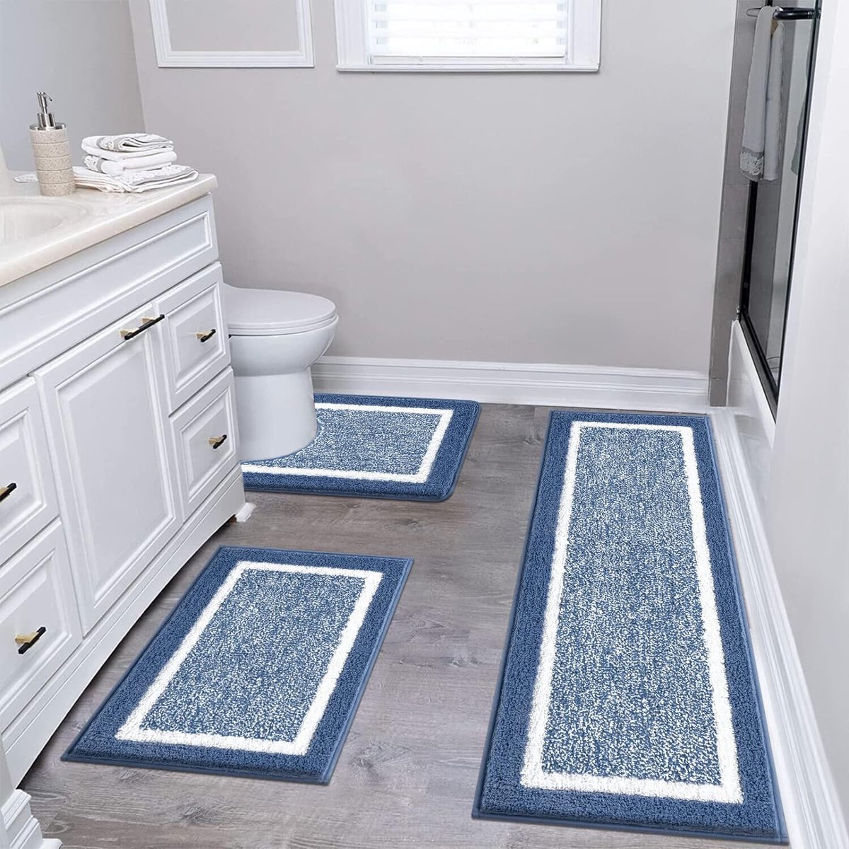 Pluizige badmat sets 3-delig wasbaar, microvezel antislip wasbaar bad en voetstuk mat sets waterabsorberende badkamer vloer tapijt douche tapijt, blauw