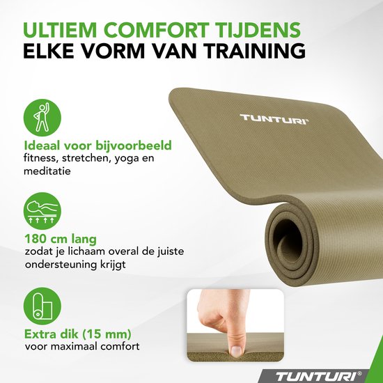 Legergroene Tunturi yogamat, 180cm lang, 1.5cm dik. Zacht en comfortabel.
