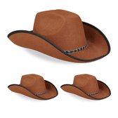 Relaxdays cowboyhoed set van 3 - vilten verkleedhoed - carnaval - western hoed - cowgirl - bruin