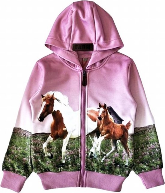 Kinder vest, hoodie, met paarden print, oudroze, maat 134/140, horses, kind, ZEER MOOI!
