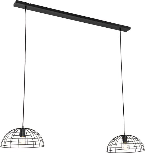 QAZQA hanze - Industriele Hanglamp eettafel voor boven de eettafel | in eetkamer - 2 lichts - L 142 cm - Zwart - Industrieel - Woonkamer | Slaapkamer | Keuken