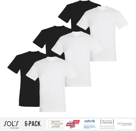 6 Pack Sol's Heren T-Shirt 100% biologisch katoen Ronde hals Zwart, Wit Maat XL
